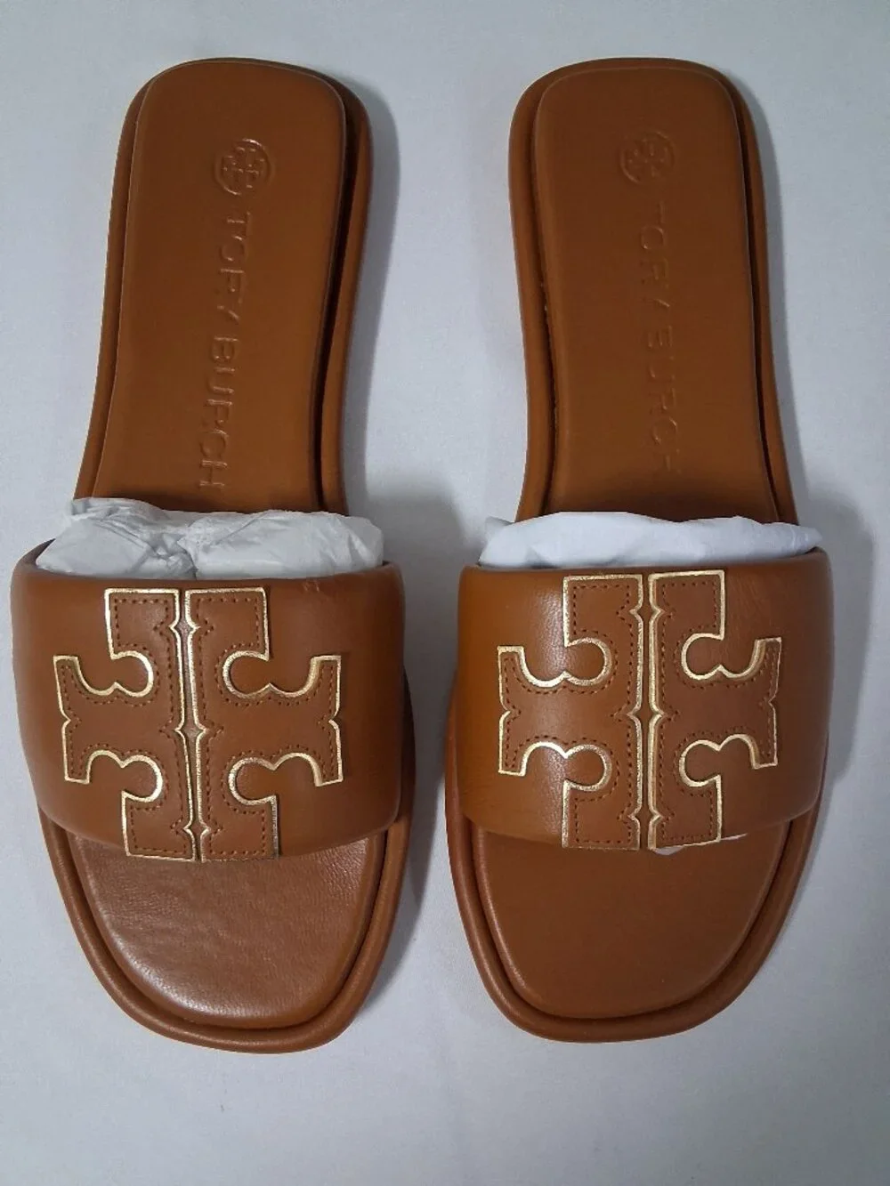 Tory Burch Women's Tan Slide Sandals with Gold Logo